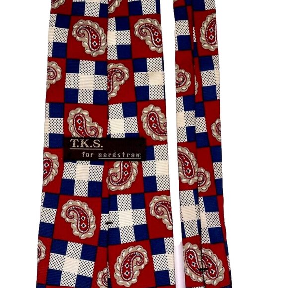 T.K.S. For Nordstrom Tie Silk Red White Blue Paisley Plaid Mens - Picture 2 of 4